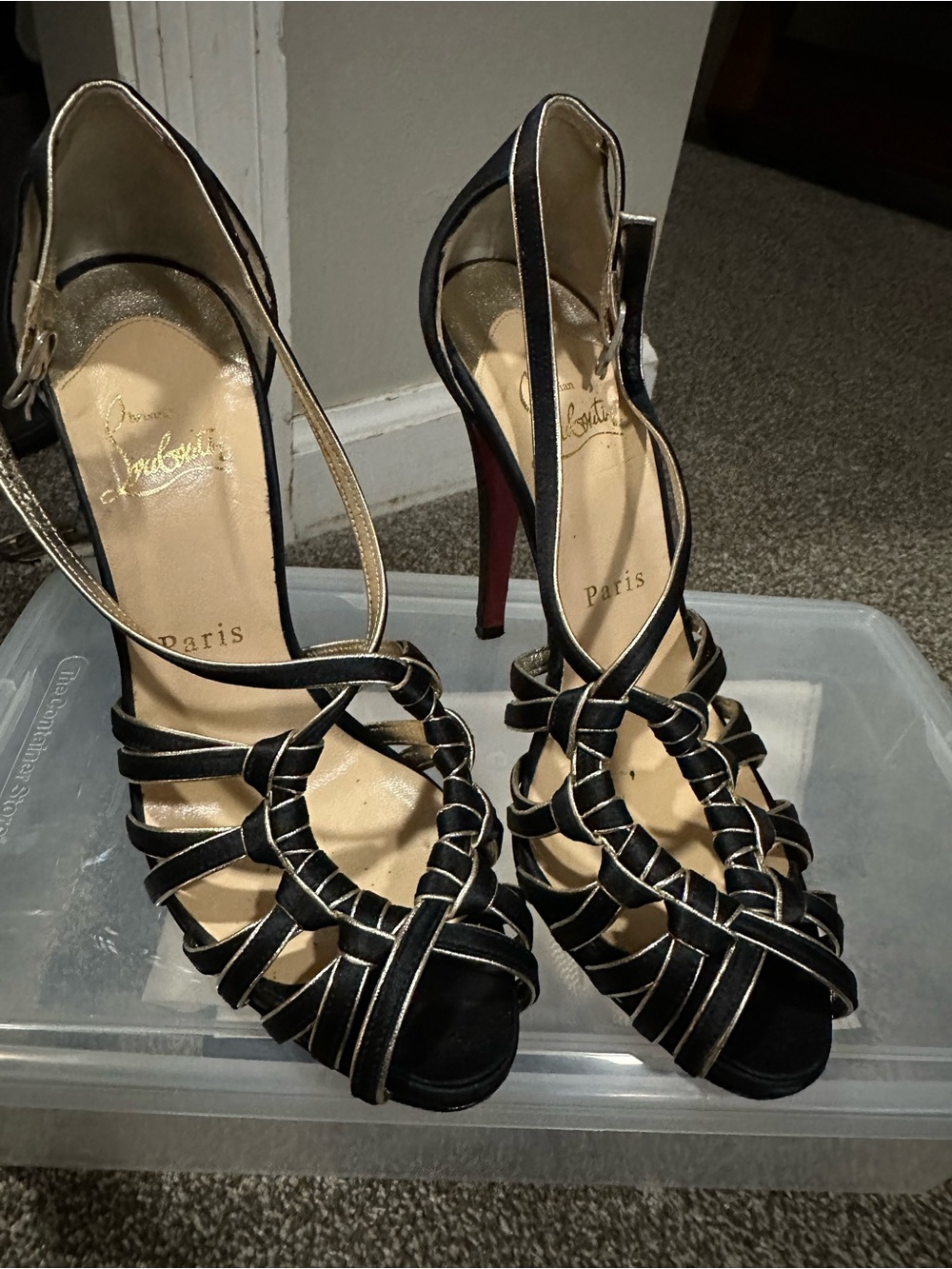Christian Louboutin Black Strappy Peep-Toe Heels with Gold Trim - Size 37